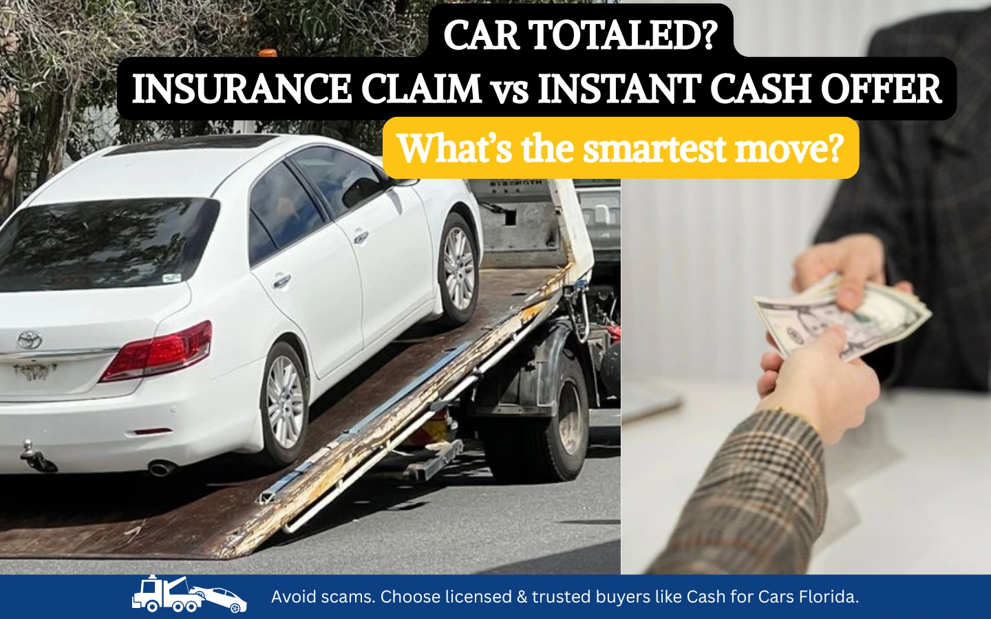 Totaled car after an accident with insurance assessment and cash for cars towing service