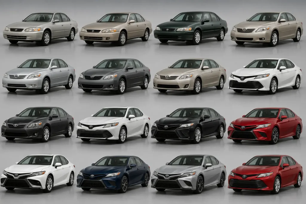 Alt Text: Silver Toyota Camry sedan parked outdoors, showcasing its modern front design and sleek body styling.