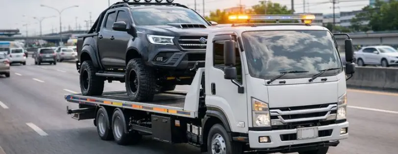 A damaged used car being picked up by a towing truck in Lake Alfred, FL for a no-title car sale.