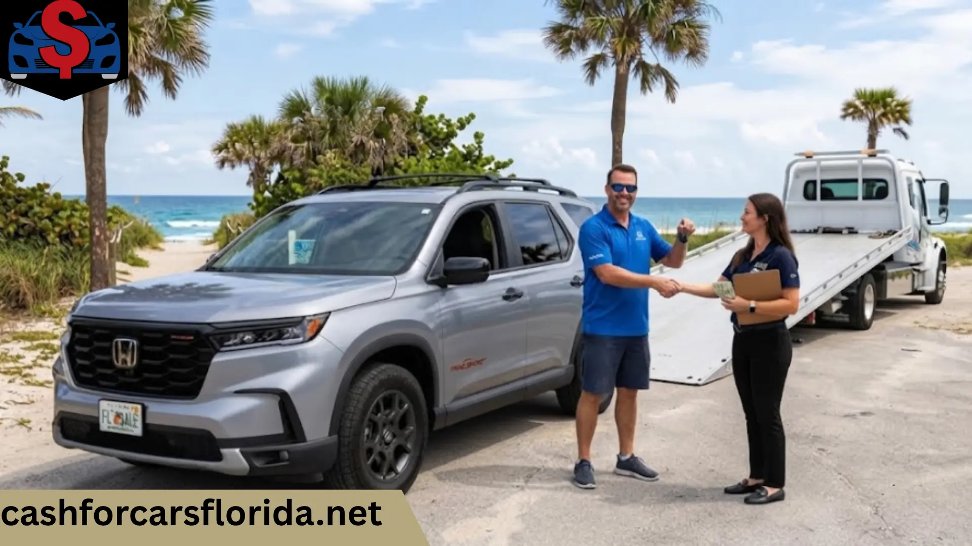 Seller handing over keys for Honda Pilot TrailSport beside a flatbed tow truck in Florida after a cash offer