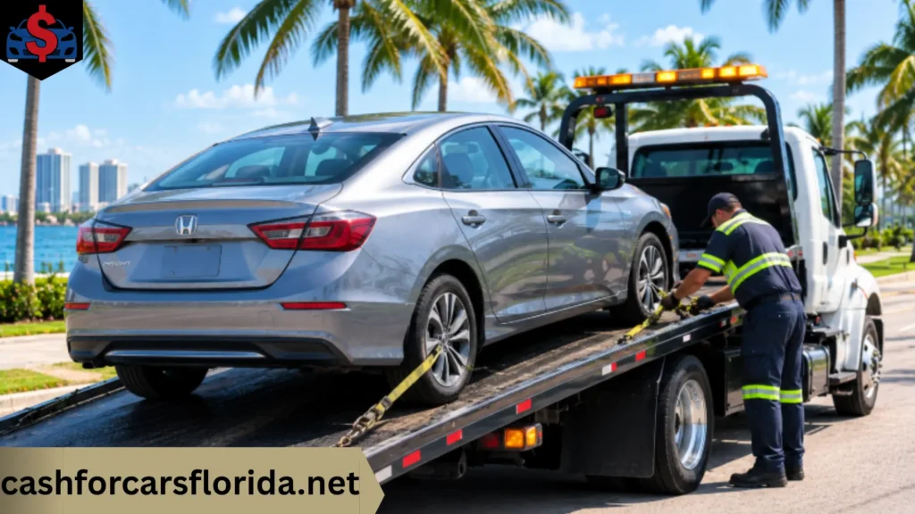 Tow truck driver strapping a silver Honda Insight onto a flatbed for free towing in Florida