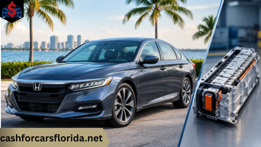 Honda Accord Hybrid beside its lithium ion hybrid battery pack on the waterfront in Florida