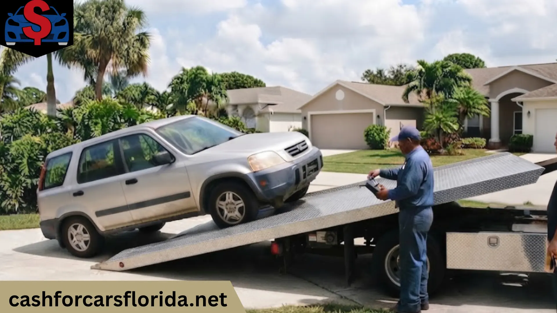 Silver Honda CR-V being loaded onto a flatbed tow truck in a Florida driveway for free cash for cars pickup