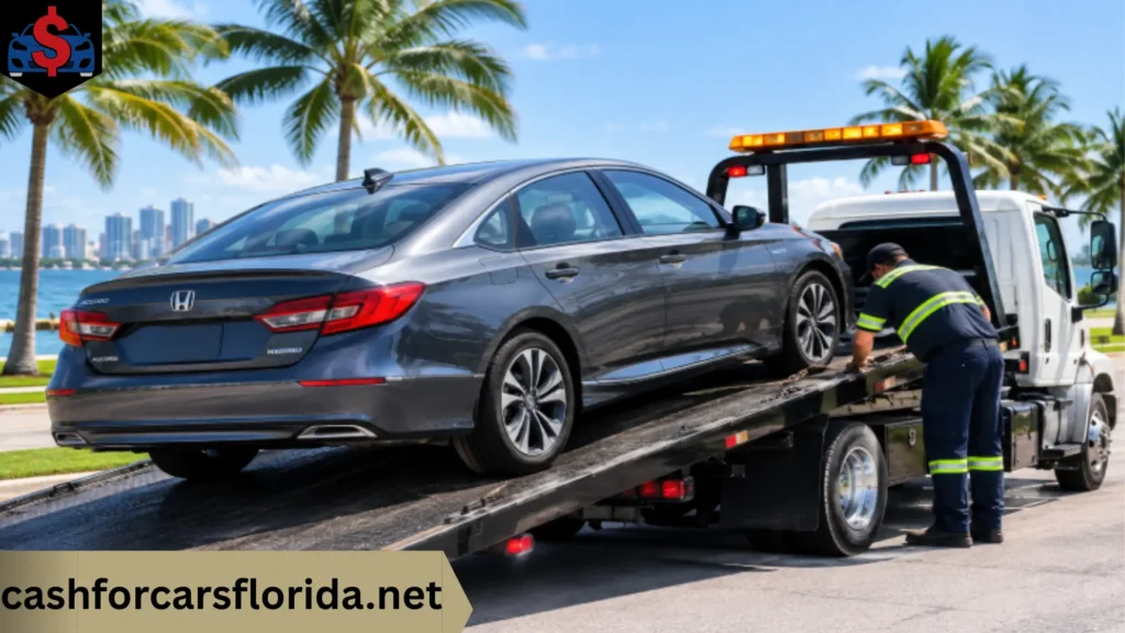 Tow truck driver loading a gray Honda Accord Hybrid onto a flatbed for free towing in Florida