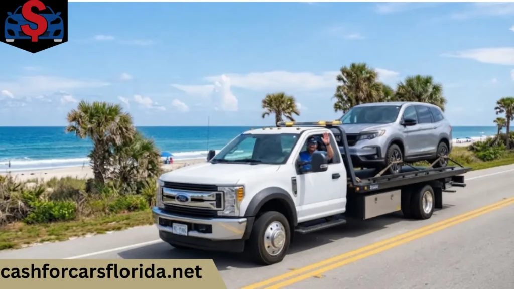 Flatbed tow truck hauling a silver SUV along the Florida coast for free pickup
