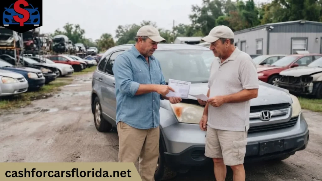 Two men reviewing title paperwork beside a Honda CR-V at a Florida salvage yard before selling it for cash