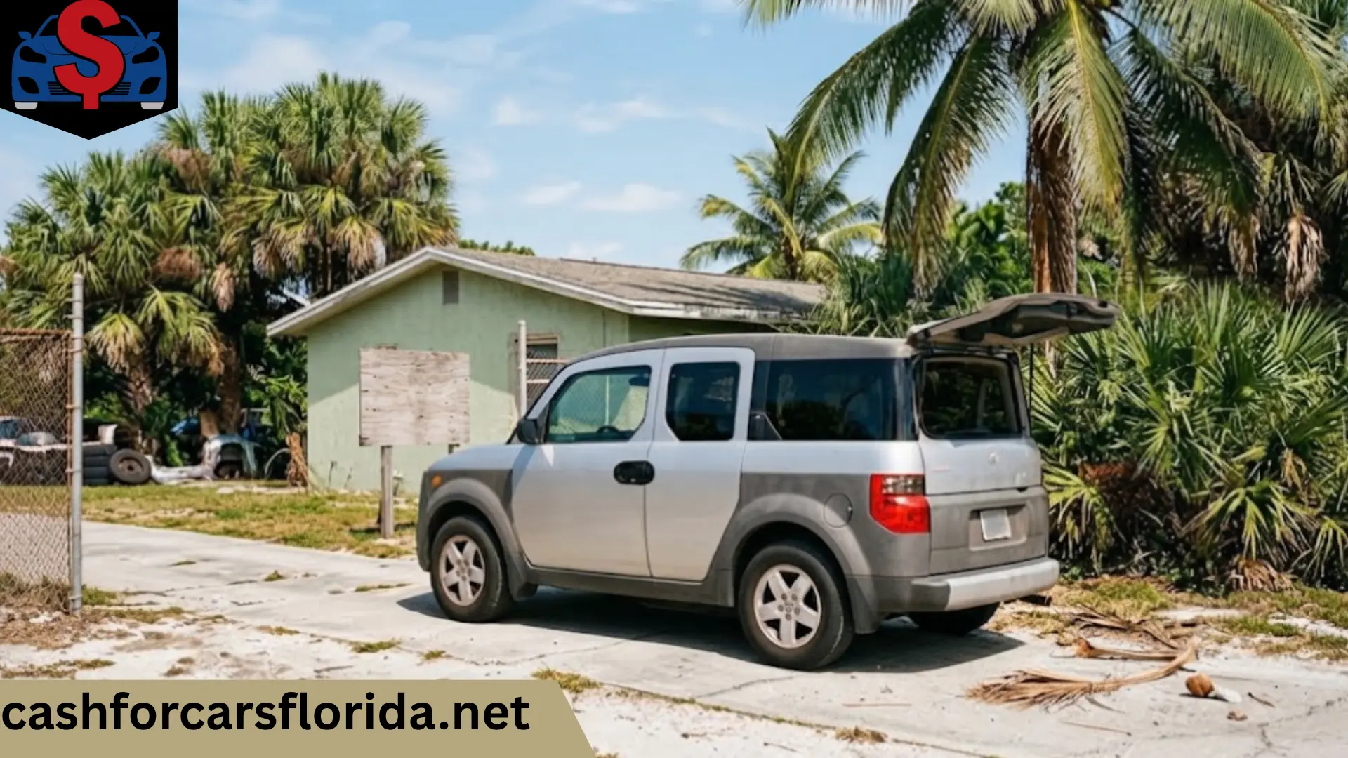 Old Honda Element with open rear hatch parked in a Florida driveway, ready to sell to a junk car buyer