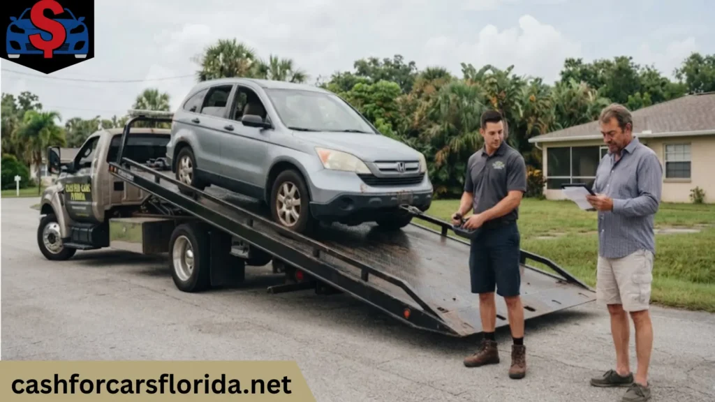 Tow driver and Honda CR-V owner finishing paperwork as the SUV is loaded onto a Cash for Cars Florida flatbed