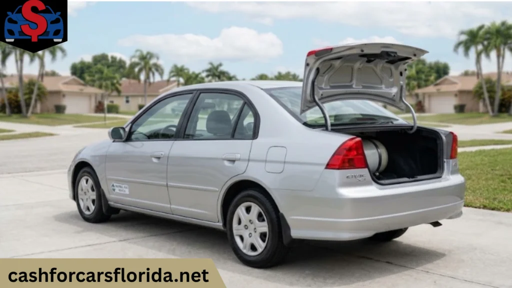 Honda Civic GX trunk open showing the compressed natural gas tank that makes it different from other junk cars