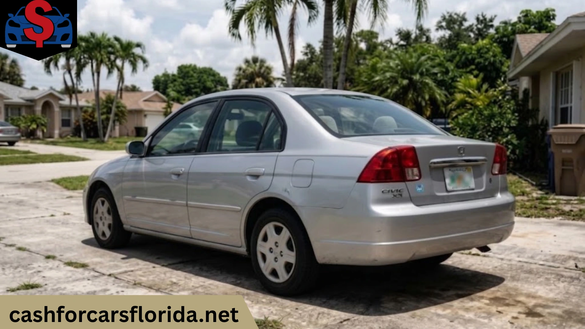 Silver Honda Civic GX sedan parked in a Florida driveway with palm trees, ready to sell to a junk car buyer