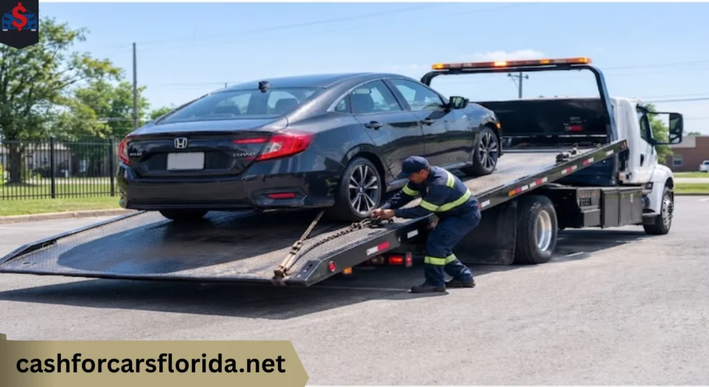 A tow truck operator towing a Honda Civic Hatchback with free towing service offered by Cash For Cars Florida for vehicles in any condition.