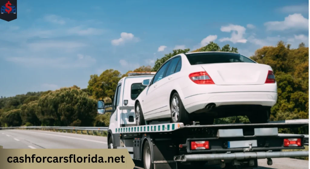 Free car towing in Florida, flatbed tow truck picking up a Honda Civic Type R