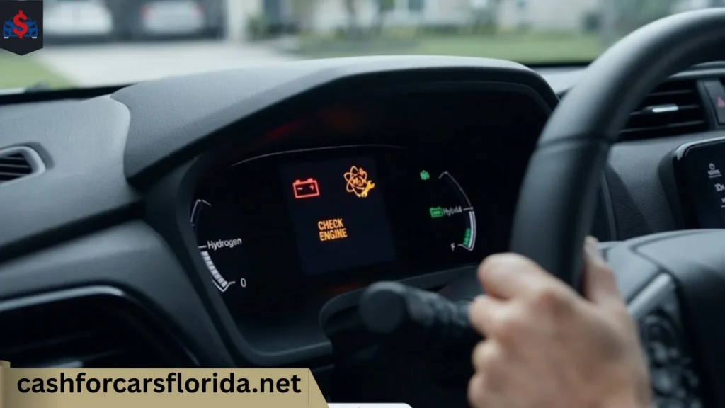 Honda Clarity Fuel Cell dashboard showing battery, fuel cell and check engine warning lights