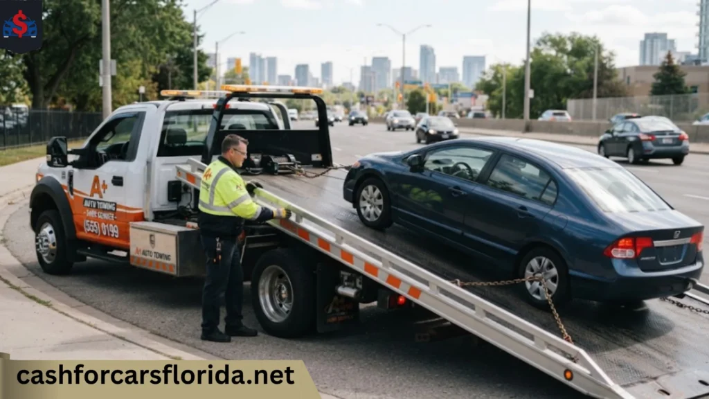 Tow truck operator loading a Honda sedan onto a flatbed for free towing and same day pickup in Florida a