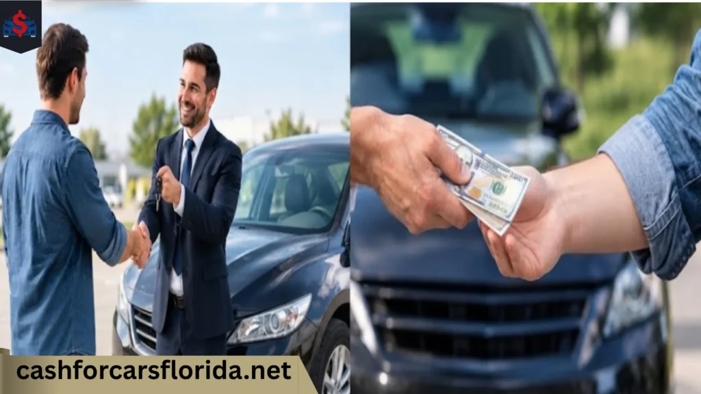 Handshake and car key exchange with cash payment for a used Honda Fit sold to Cash For Cars Florida