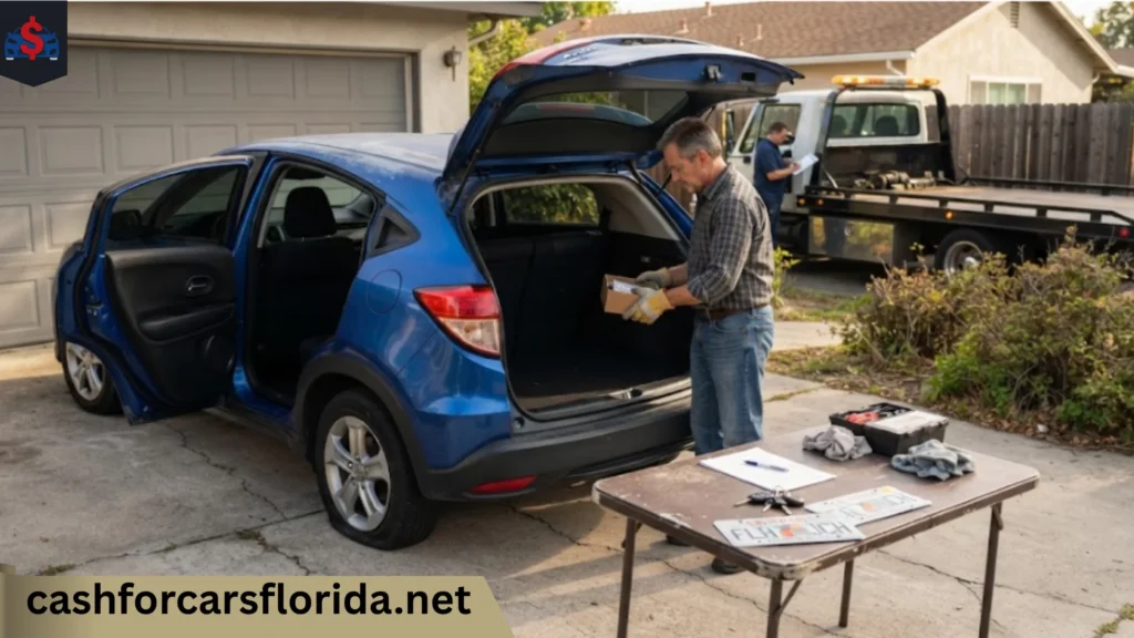 Remove personal items, gather your paperwork, and take off the license plate before the tow truck arrives.