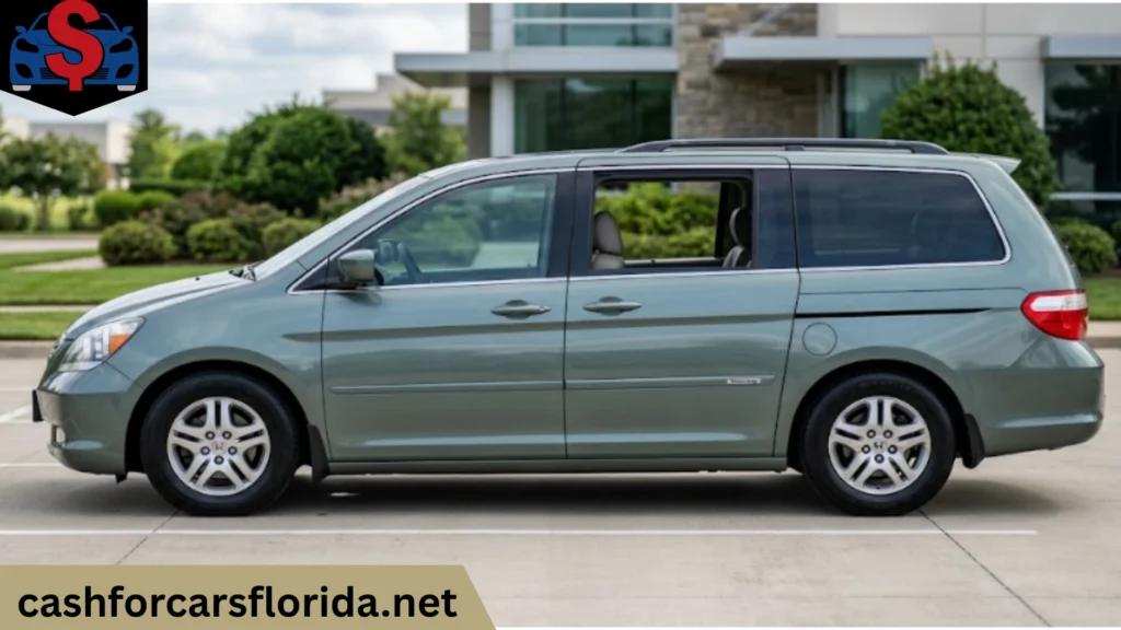 Side view of a Honda Odyssey minivan parked outside a modern building, ready to sell for cash in Florida