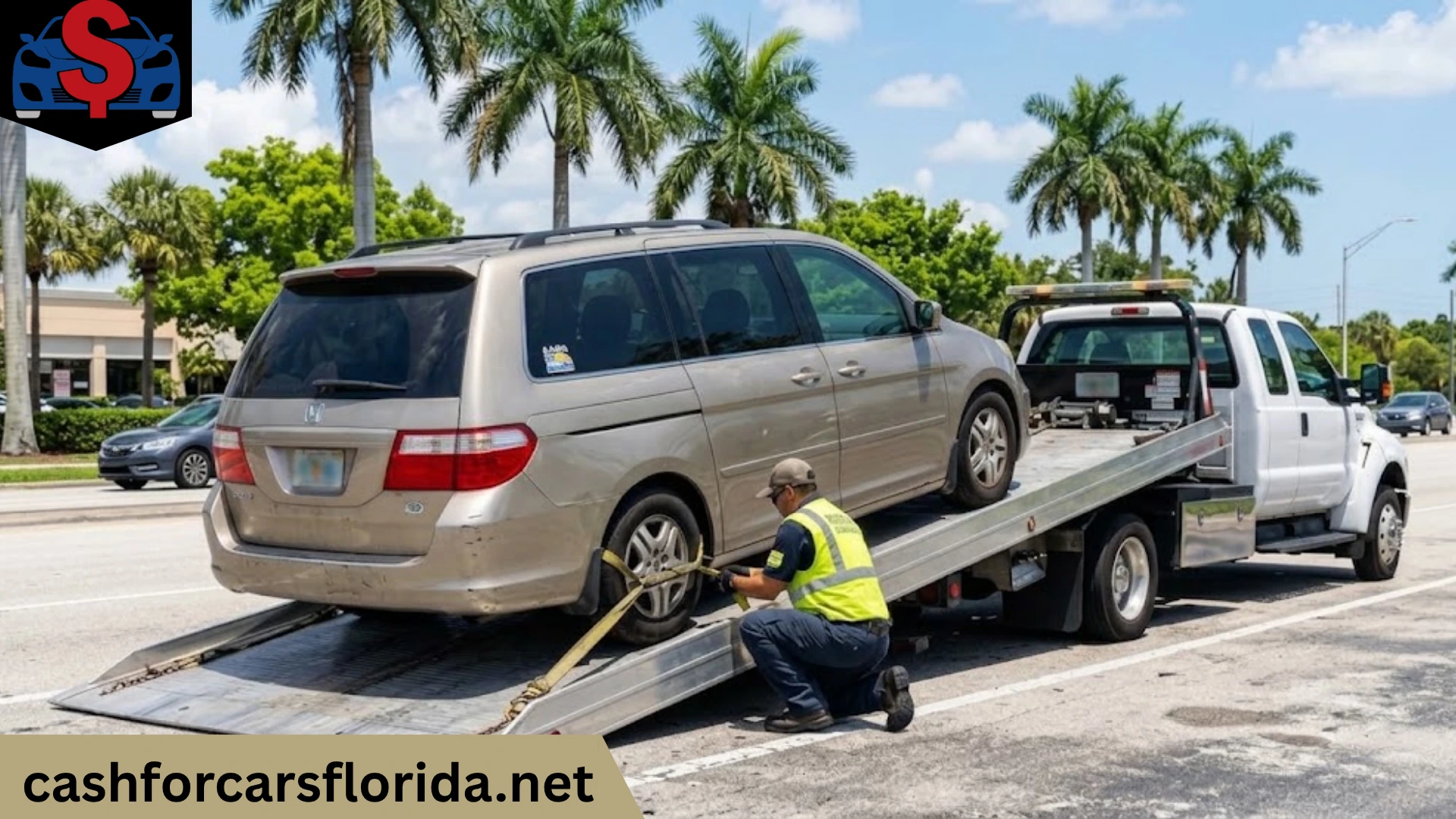 Honda Odyssey minivan being loaded onto a flatbed tow truck for free junk car pickup in Florida