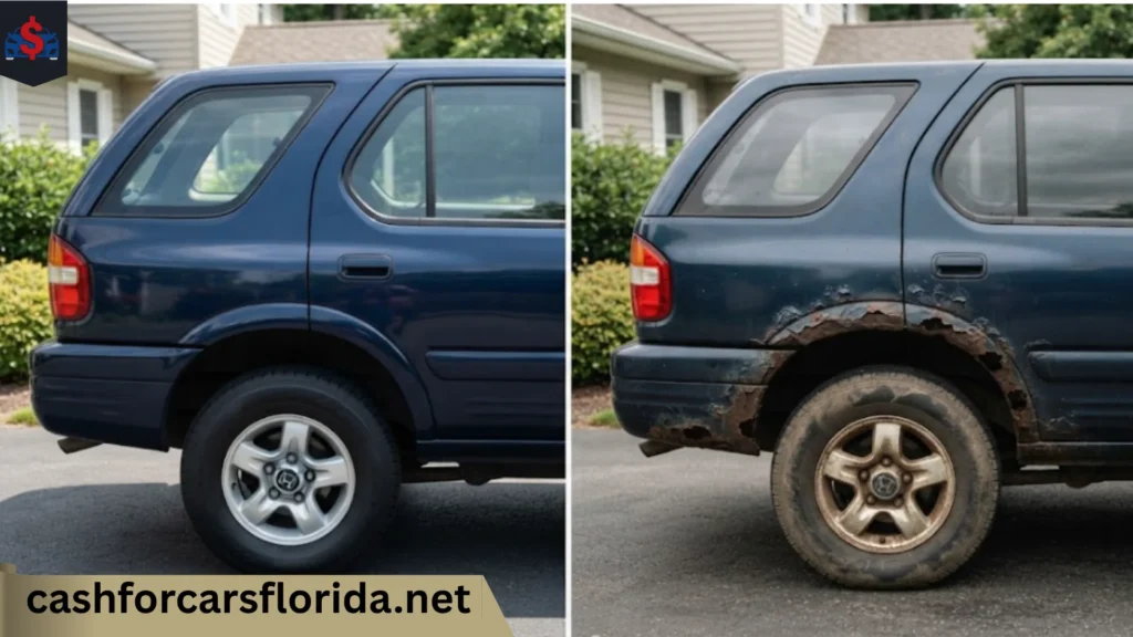 Honda Passport before and after rust damage: clean navy SUV on the left, severe rear wheel arch rust on the right 