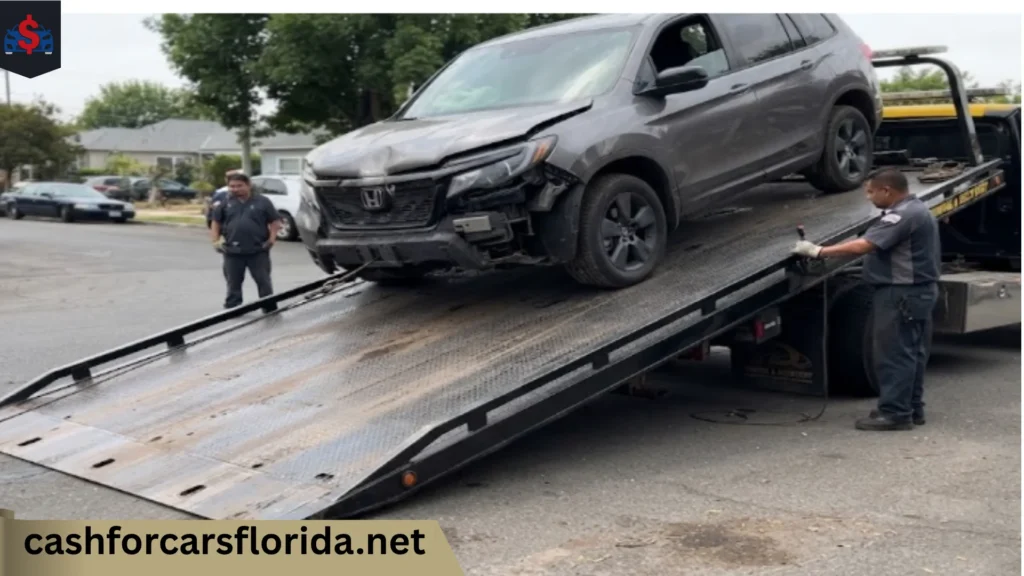 Damaged gray Honda Passport being loaded onto a flatbed tow truck by two tow operators for cash pickup and also free towing services available  