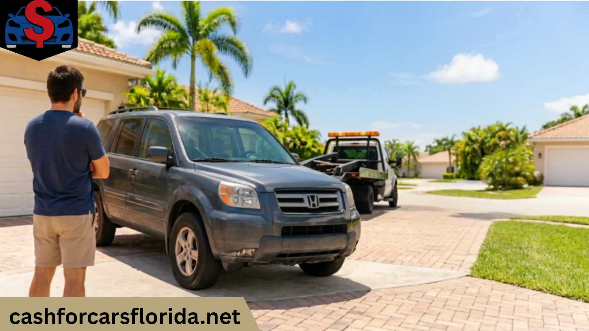 Man standing in his Florida driveway looking at his Honda Pilot as a flatbed tow truck waits behind it to pick up the SUV for a cash sale