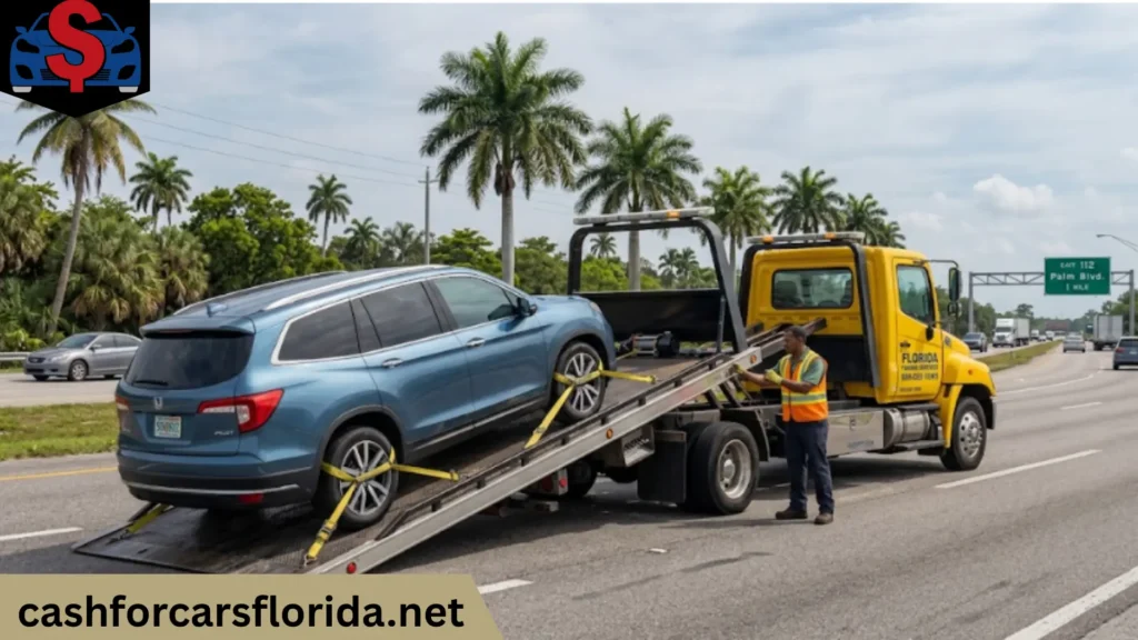 Tow truck operator securing a Honda Pilot with yellow straps on a flatbed along a Florida highway and also Cash for Cars Florida provide free towing services